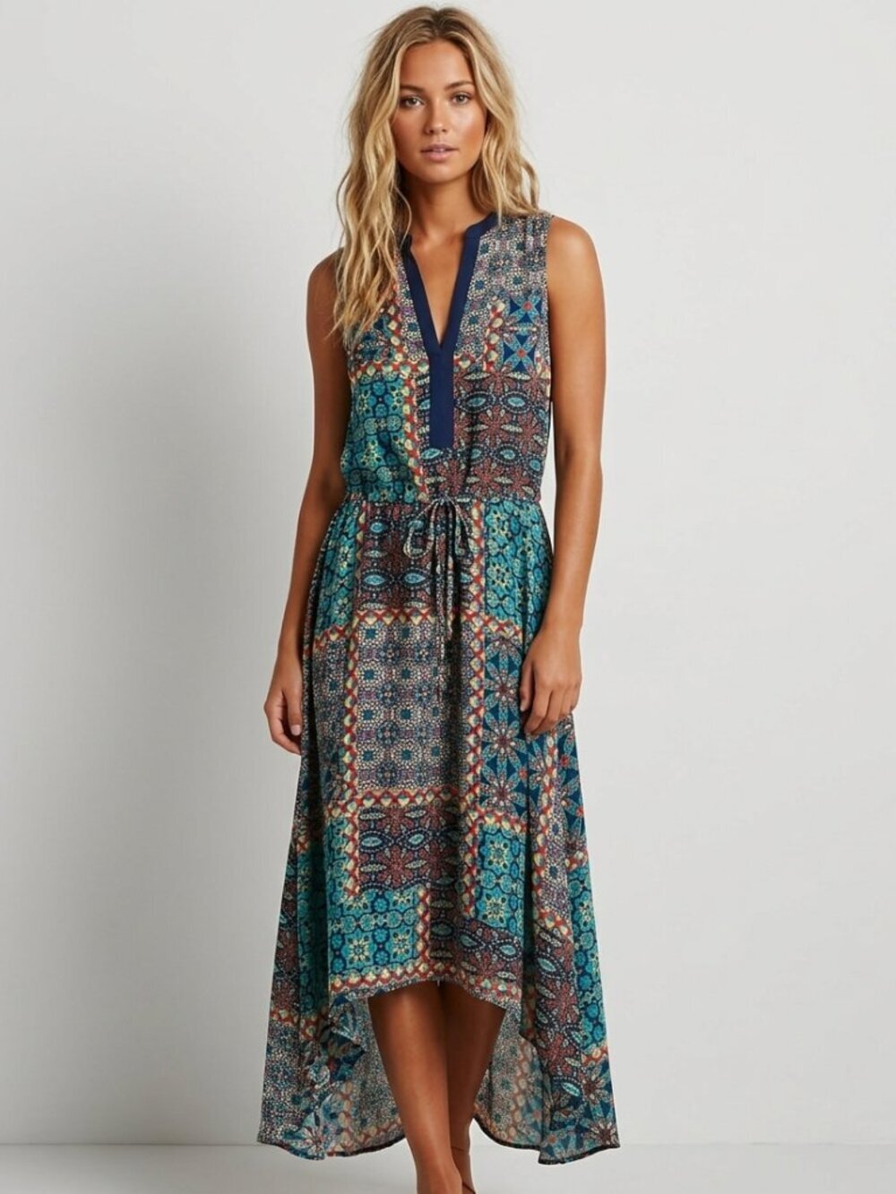Tolani anthropologie Printed Sleeveless High Low Hem Maxi Dress 39247